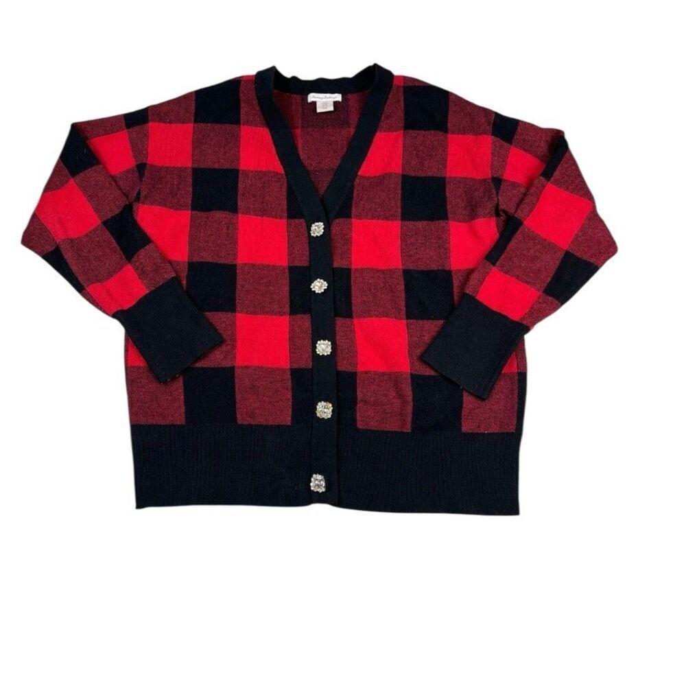 To Tommy Bahama Cardigan Buffalo Plaid Jeweled Button Sweater M Heavy Knit S FLA